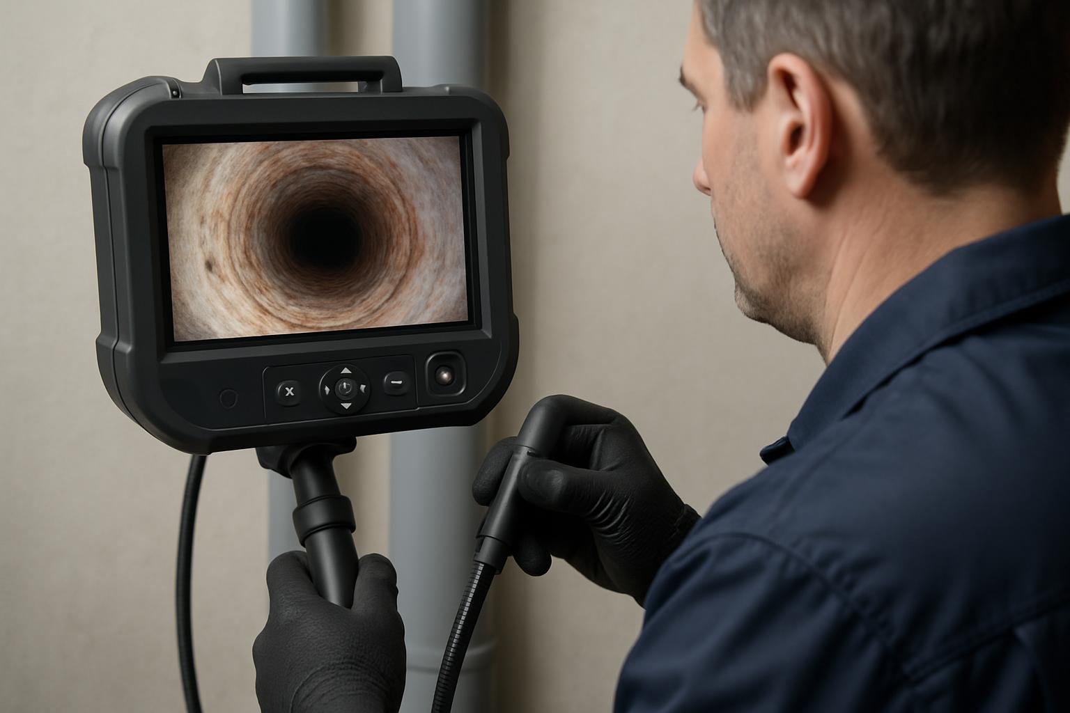 Câmera endoscópica profissional inspecionando interior de tubulação com tela de visualização em tempo real