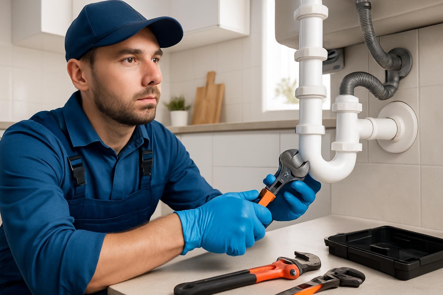 Profissional de desentupimento trabalhando em tubulação de cozinha com ferramentas modernas e uniforme azul