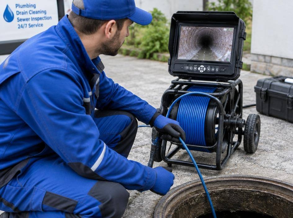 Técnico da Desentupidora Hidromax com câmera de inspeção